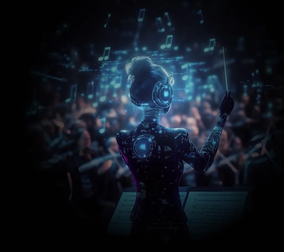 An AI conductor with a glowing circuit-patterned suit leads an orchestra amid floating music notes
