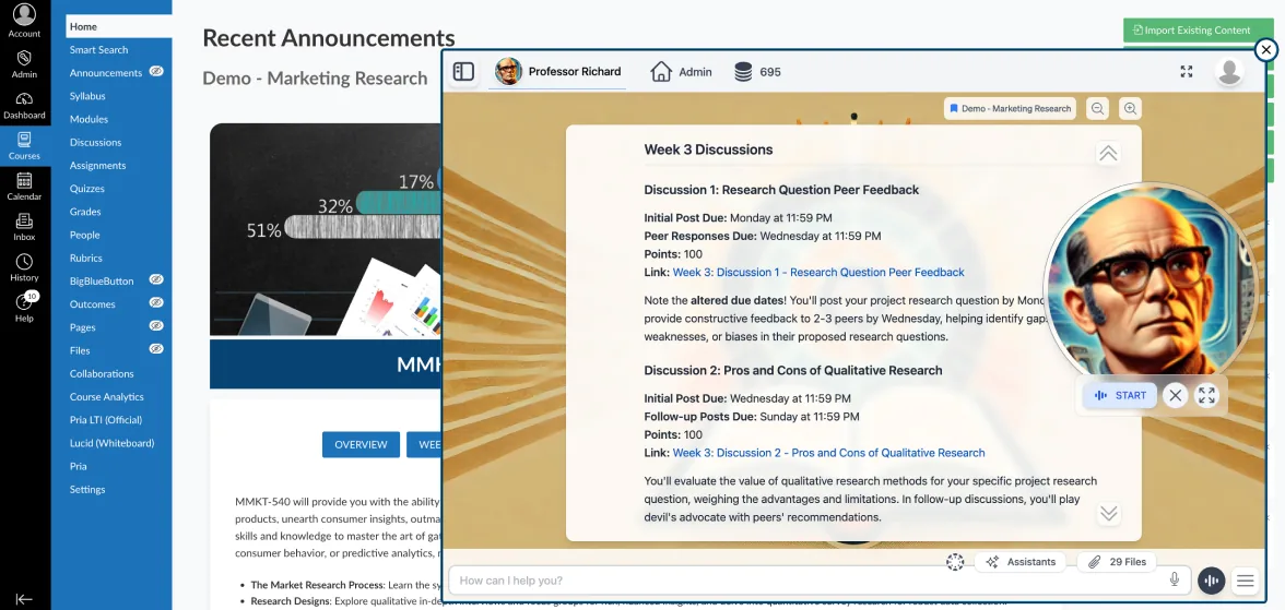 A Praxis Digital Twin, Professor Richard, working inside a Canvas course: the Week 3 Discussions brief with due dates and points opens in the Praxis panel beside the course’s Recent Announcements